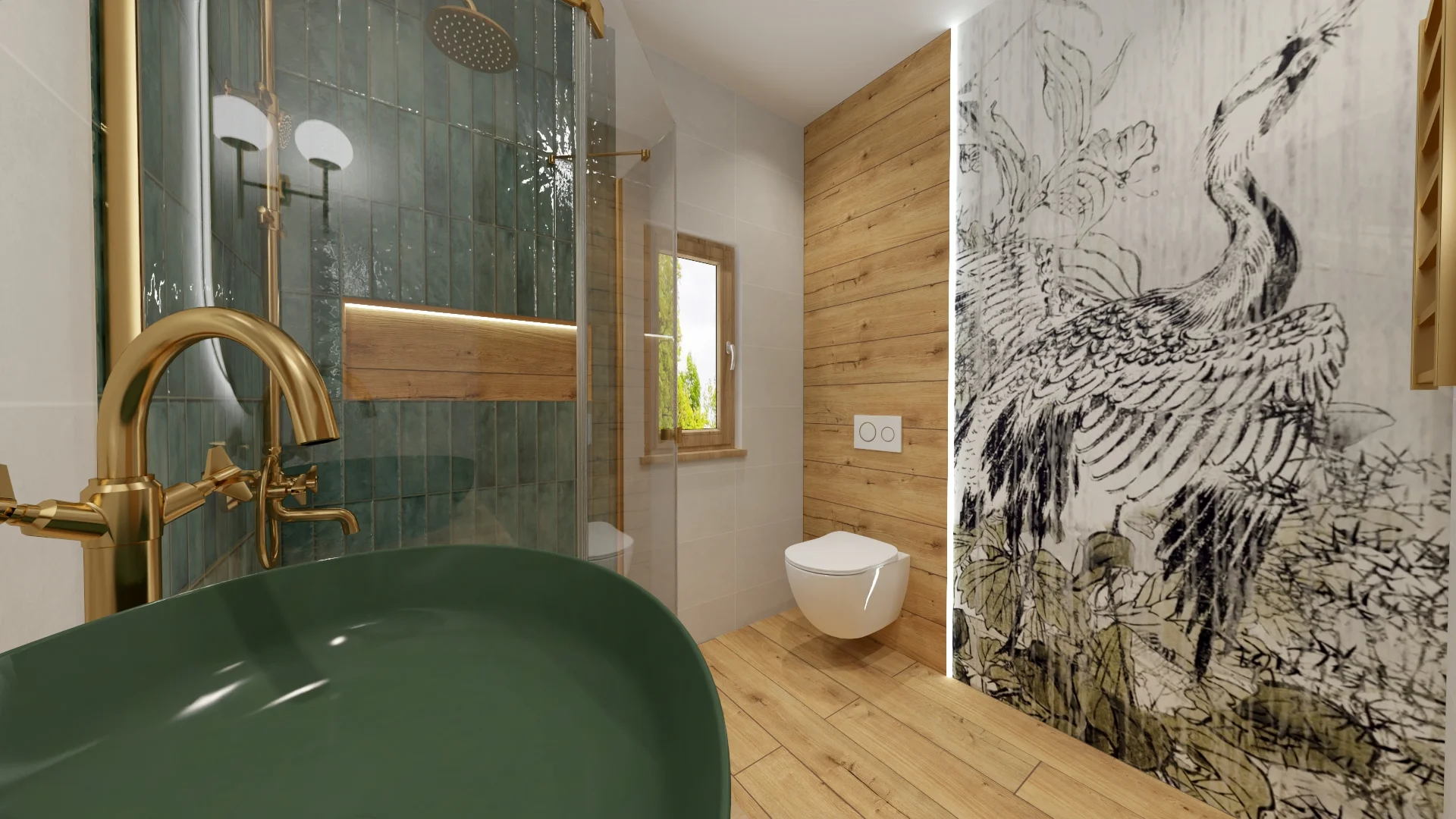 Japandi Artisan Glam — Żuraw i Butelkowa Zieleń