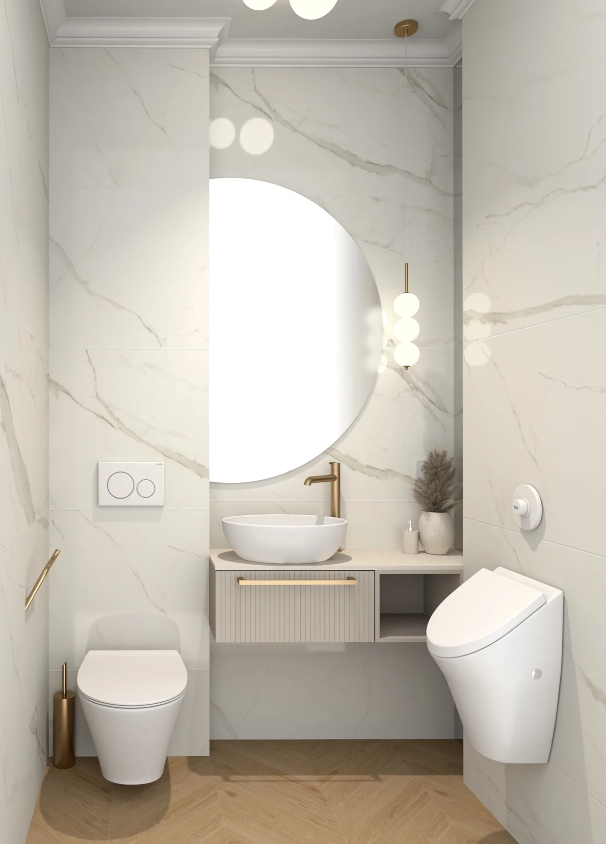 Pure White Luxury — Statuario, Złoto i Jodełka Dębowa