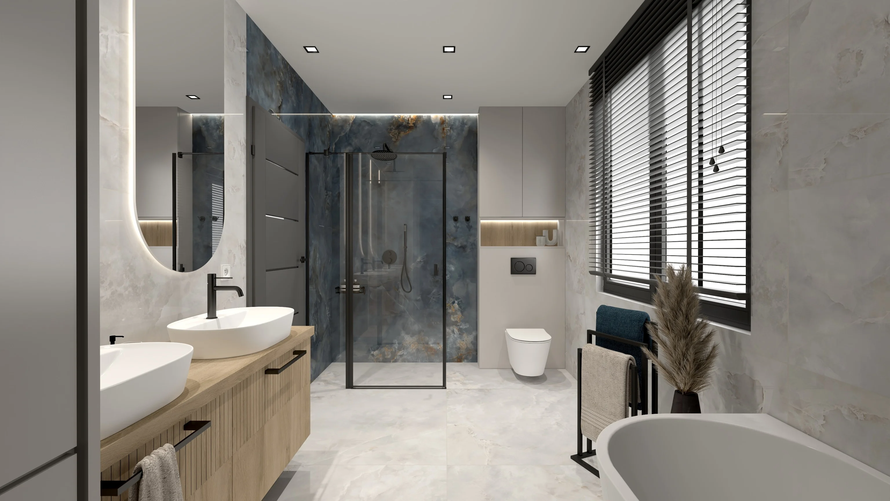 Dark Mineral Luxury — Blue Labradorite, Dąb Ryflowany i Czarny Mat