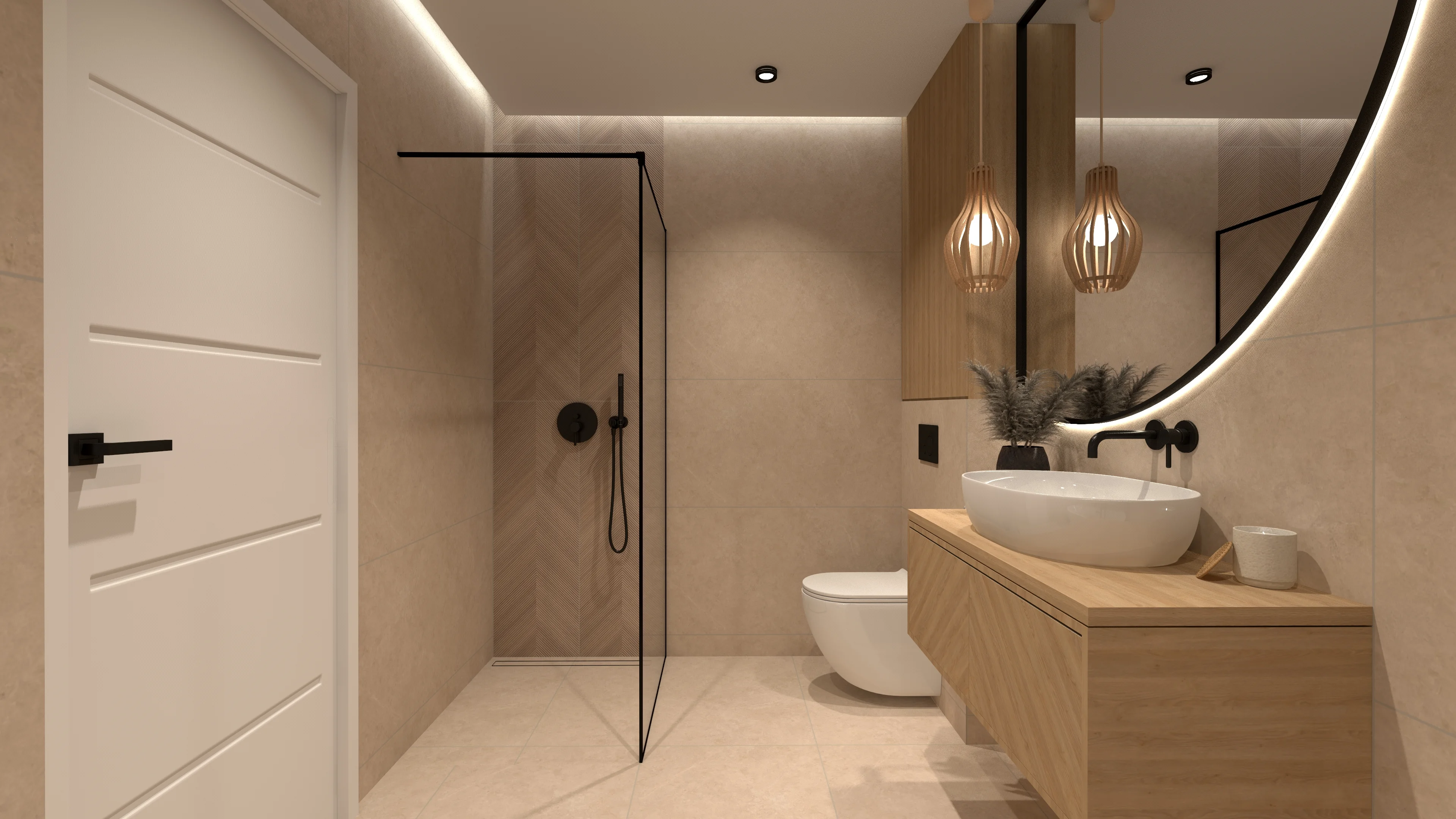 Warm Nordic Minimal — Beżowy Beton, Dąb i Drewniane Klatki