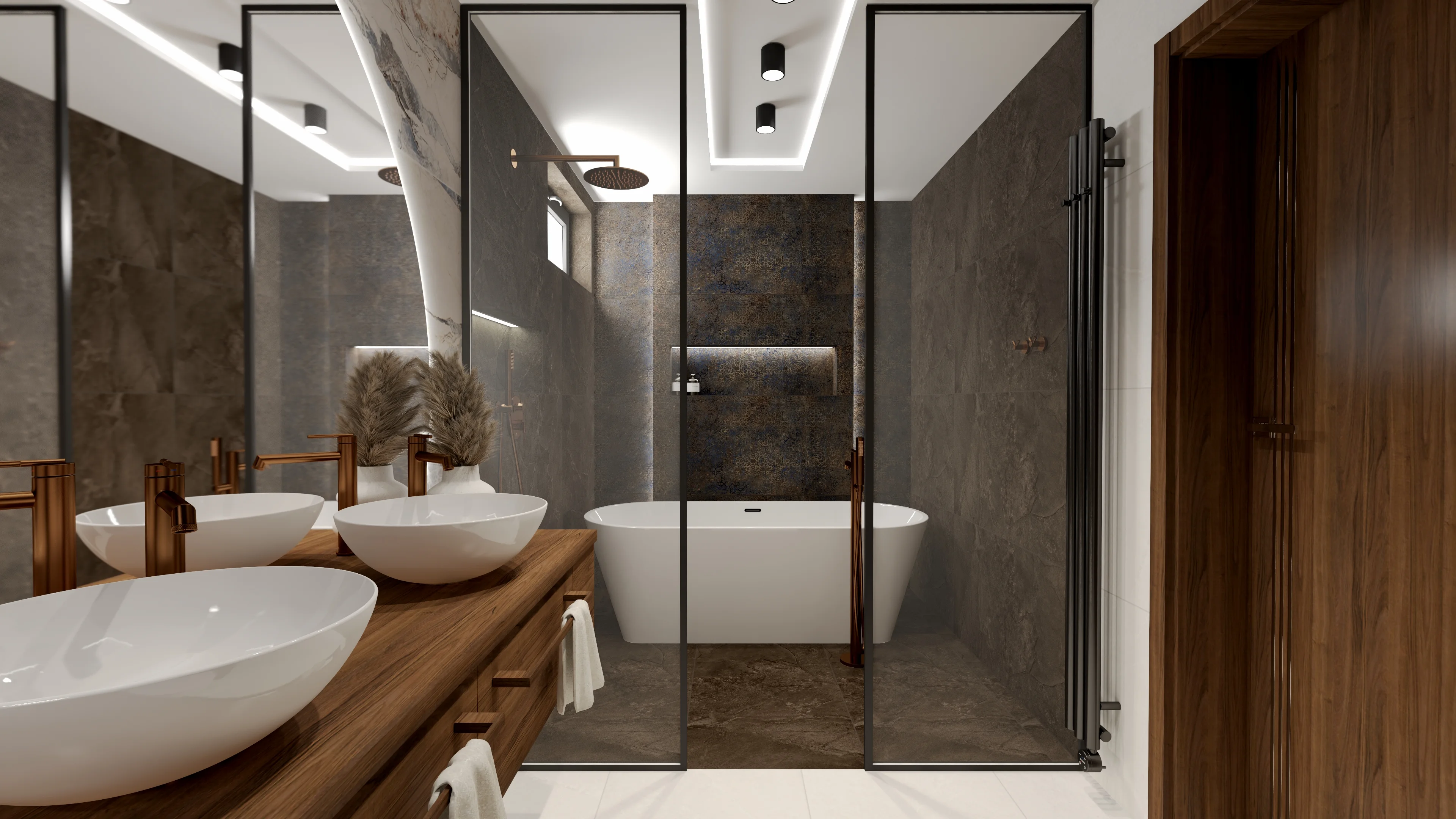 Dark Industrial Copper Glam — Oxide Corten, Grafitowy Gres i Miedziana Armatura