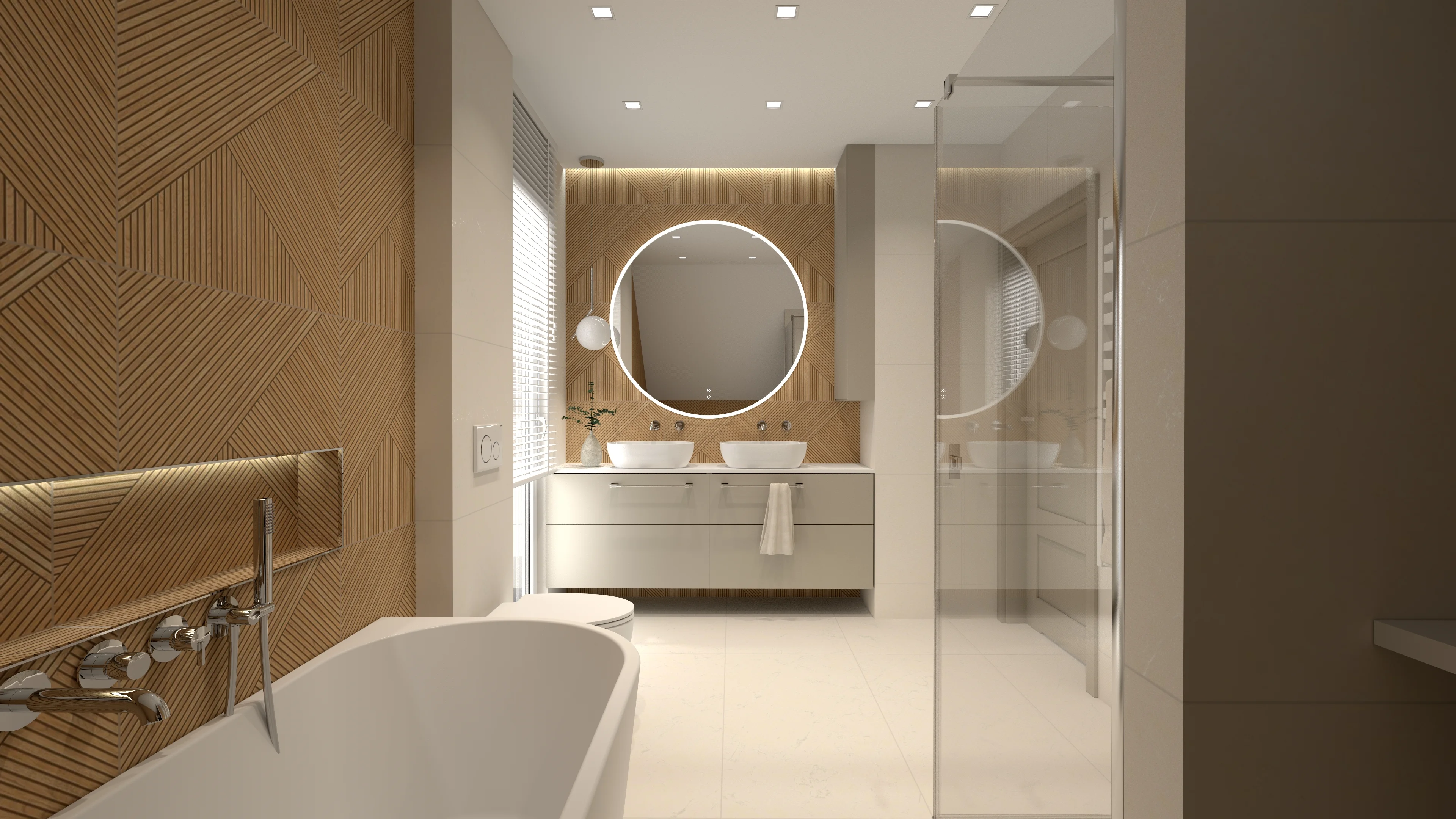 Contemporary Warm Neutral — Płytki 3D Honey Oak i Chromowana Armatura