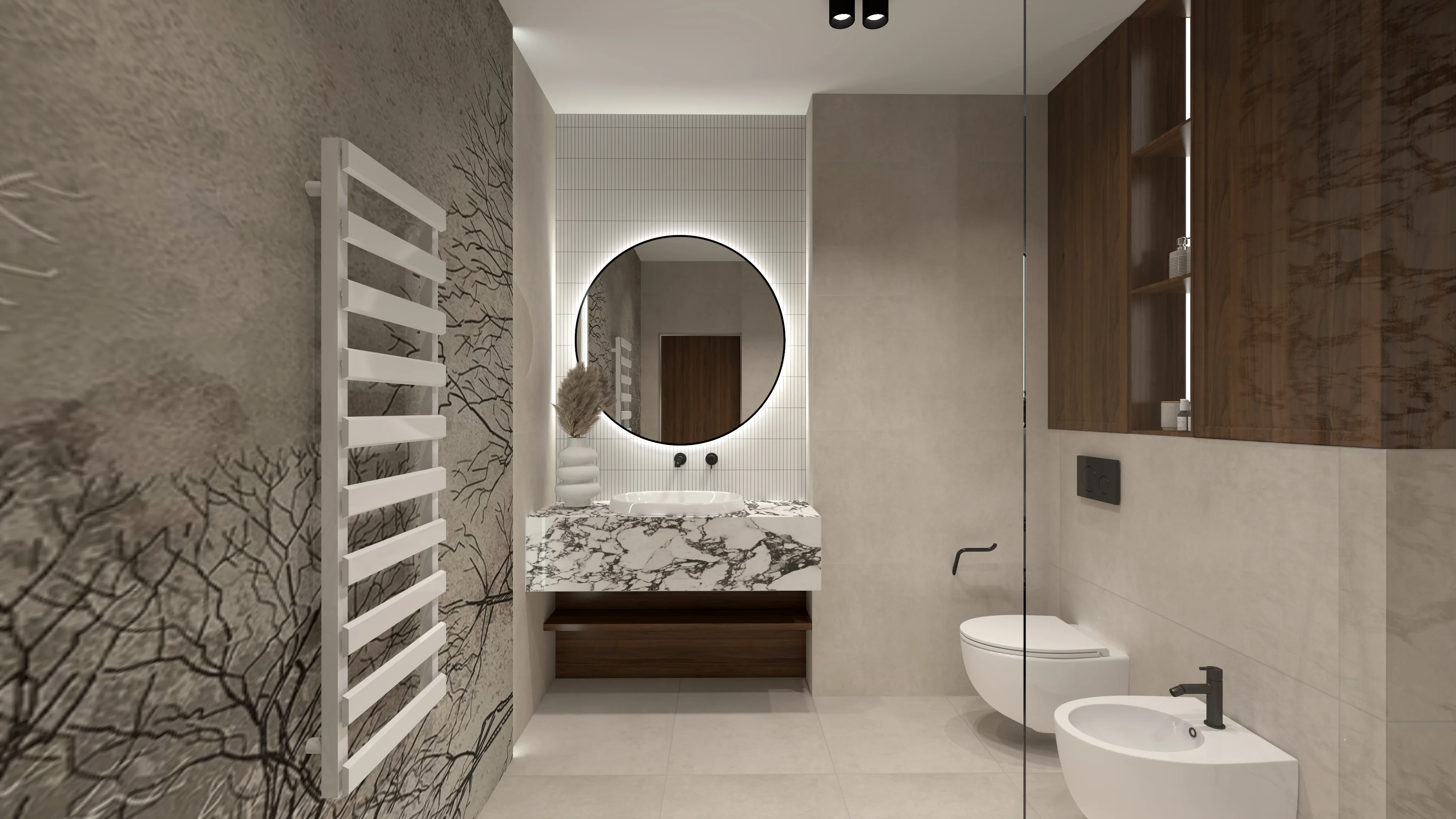 Japandi Wabi-Sabi Noir — Mural Gałązki, Arabescato i Czarna Armatura