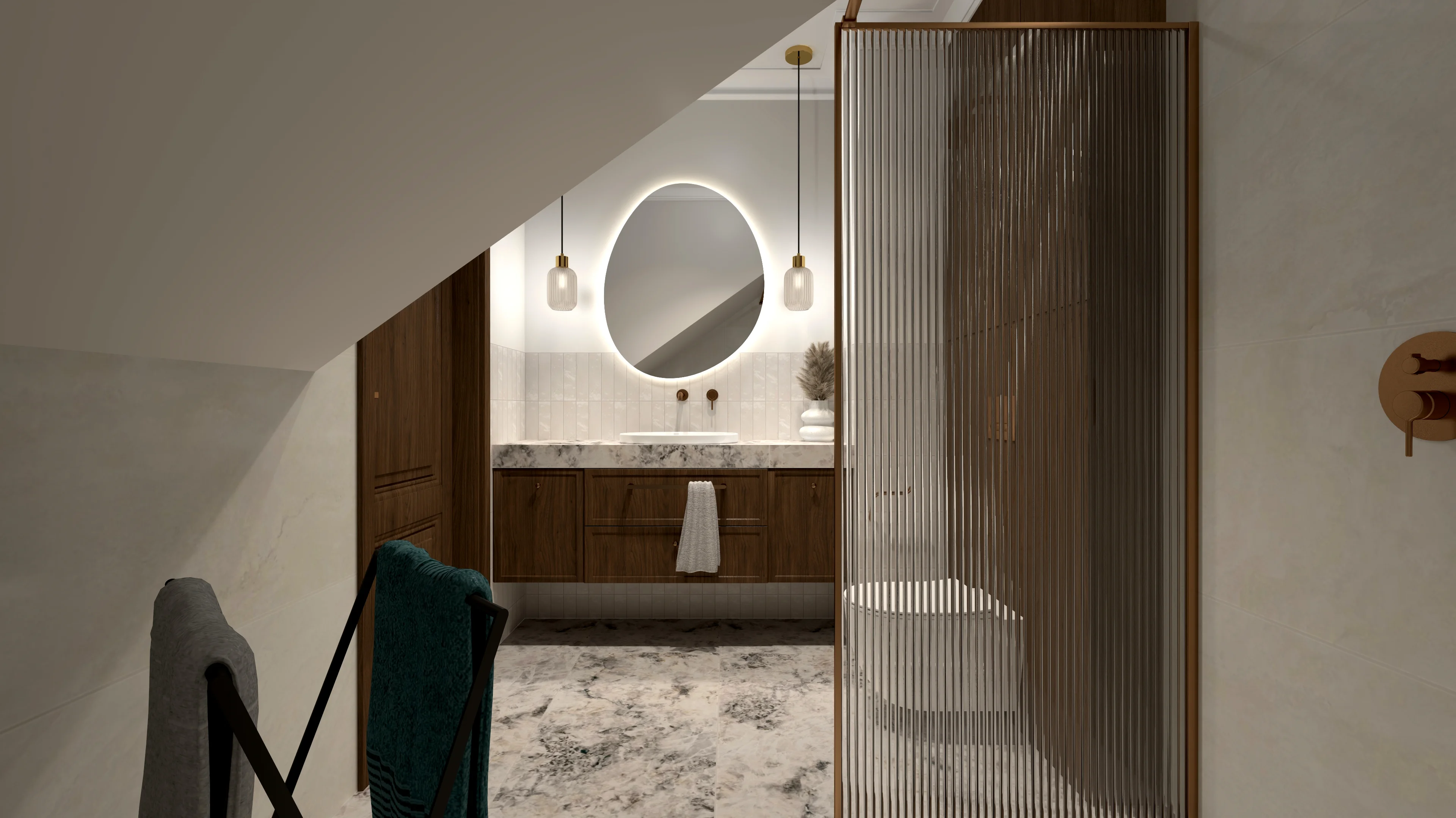 Art Deco Romantic Attic — Ryflowane Szkło, Mosiądz i Dramatyczny Marmur