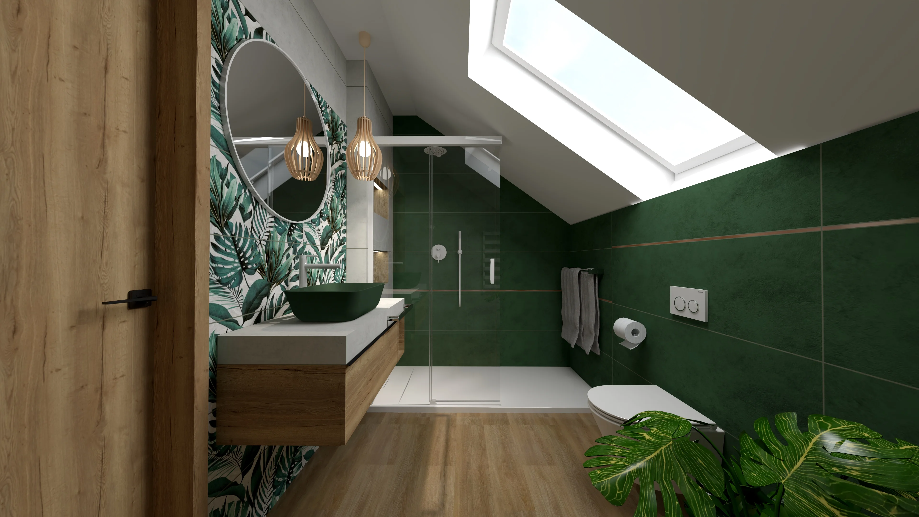 Tropical Jungle Attic — Mural Dżungli, Leśna Zieleń i Naturalny Dąb