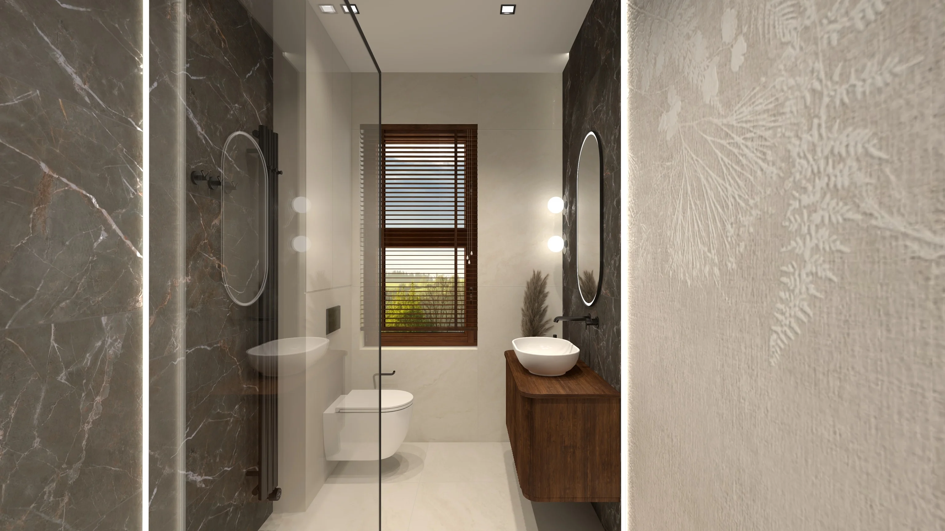 Dark Luxury Contrast — Emperador Dark, Biały Bas-Relief i Czarna Armatura